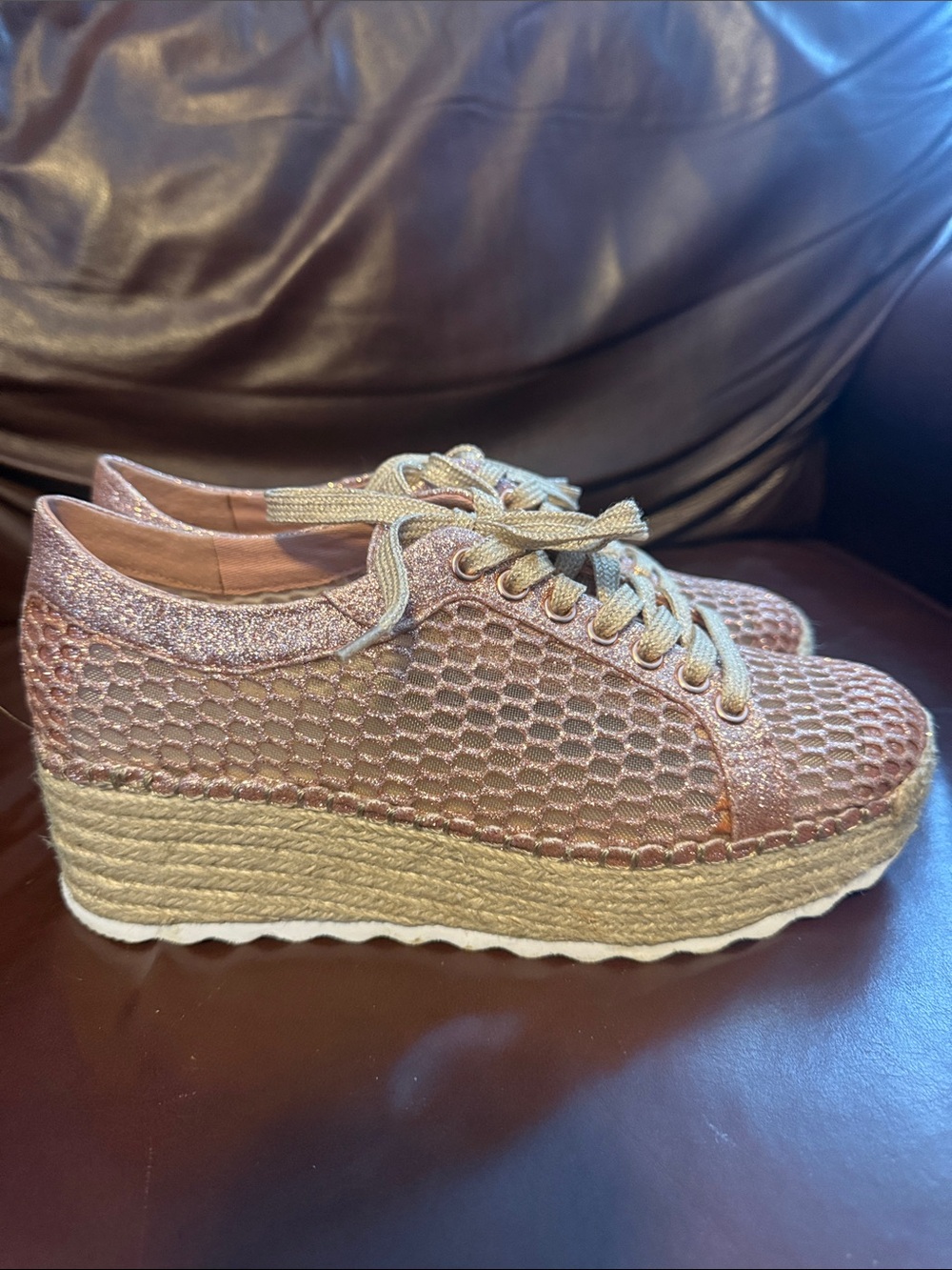 INC International Concepts Asina Mesh Wedge Sneakers Rose Gold/Pink Glitter